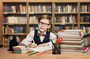 School Kid Studying in Library, Child Writing Book, Shelves